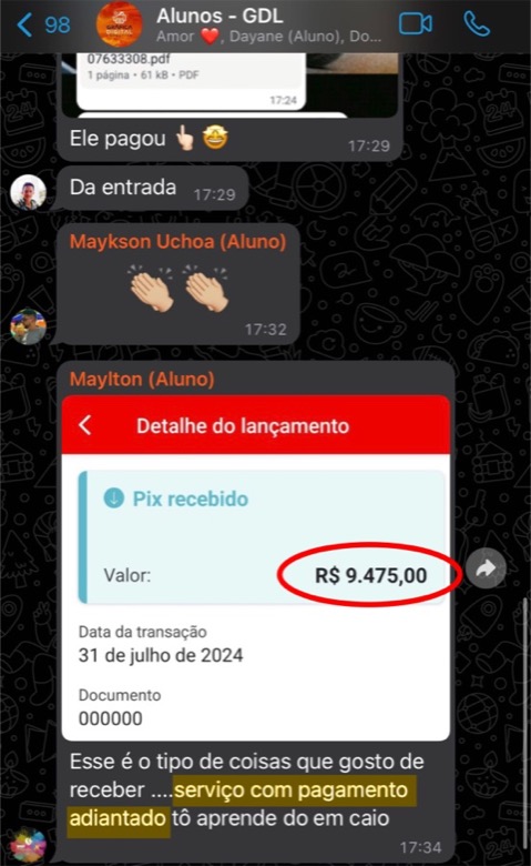 Aluno da GDL mostrando Pix recebido de R$ 9.475 de um cliente