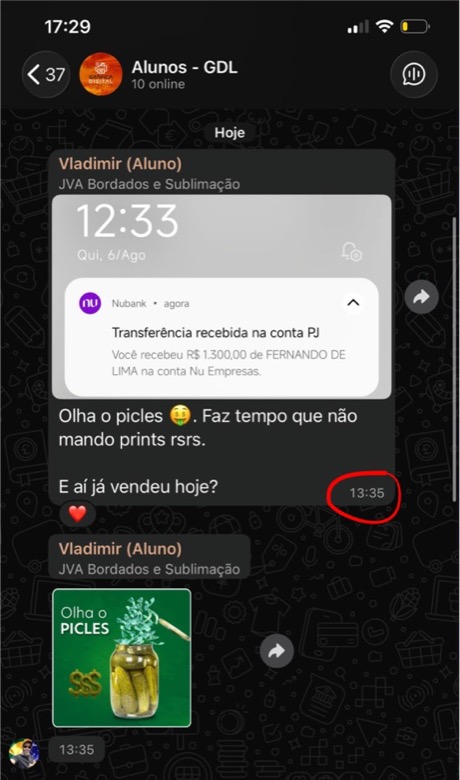 Aluno da GDL mostrando transferência recebida de venda